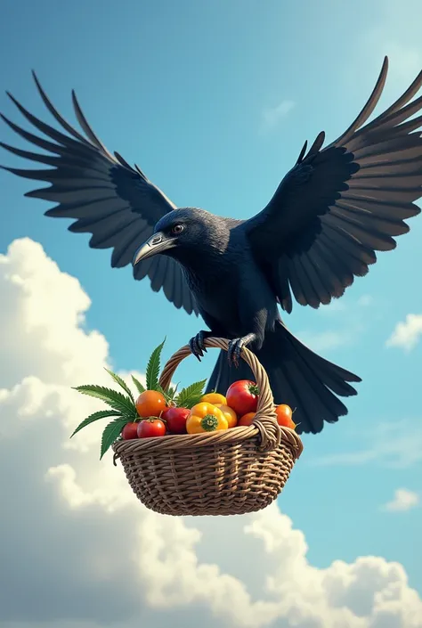 a flying crow carrying a basket full of food on its paws