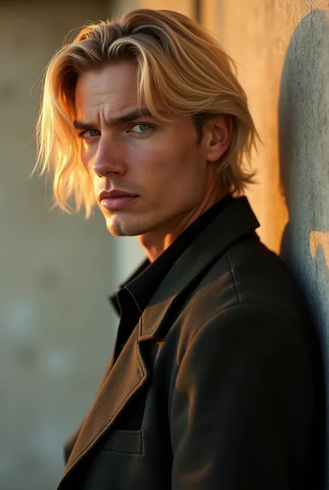 masterpiece,  best quality,  high definition , 
Alone, man, sharp jawline, Muscular, fashionable clothes on, white man,blonde bob hair, green eyes, ((model posing)), photoshoot, studio background, side leaning against wall, ultra realistic, sunsetlighting
