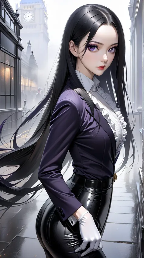 solo。 realistic drawing。High image quality。 High Quality 。 Digital Painting 。

British women。
 black hair、 shiny, smooth, straight hair。
 makes very long hair all back。
Forehead。
Long side hair。
 dark purple eyeshadow。
Sexy eyes。
Dark Eyes。

 black suit。Bl...