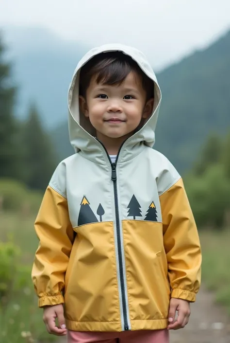  in the center of the phrase {x} summer baby raincoat with a hood with a design that evokes nature and the mountains.  with front opening with zip and with the phrase : "Minimalist Little Explorer "