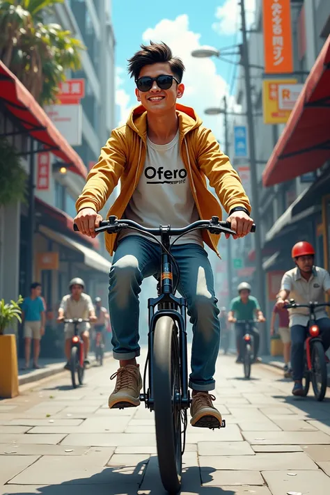 Make me a 4-dimensional drawing of an Indonesian man with a casual style wearing sunglasses, jeans and a hoodie jacket with Ofero written on it and riding a green electric bike.