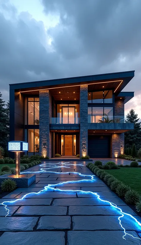 A colossal, modern house inspired by Thor’s majestic Asgardian roots. The façade is a blend of polished gray stone, symbolizing the strength of Mjolnir, and sleek black steel, accented with glowing blue streaks resembling arcs of lightning. The grand entra...