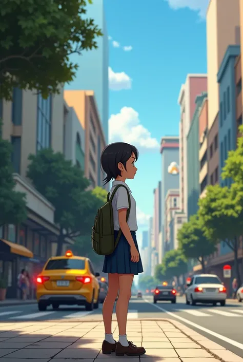 a square phot of a school girl teen waiting for a cab or taxi on aside walk with traffic in the Philippines (animated) and more cinematic with wide background