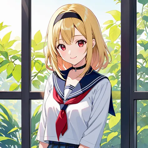 Modern anime style painting, red eyes with bright highlights, gentle smile, standing looking straight ahead, reflection in window glass. There is one 2D anime style female character. She is a high school student, with long blonde hair with slight waves in ...