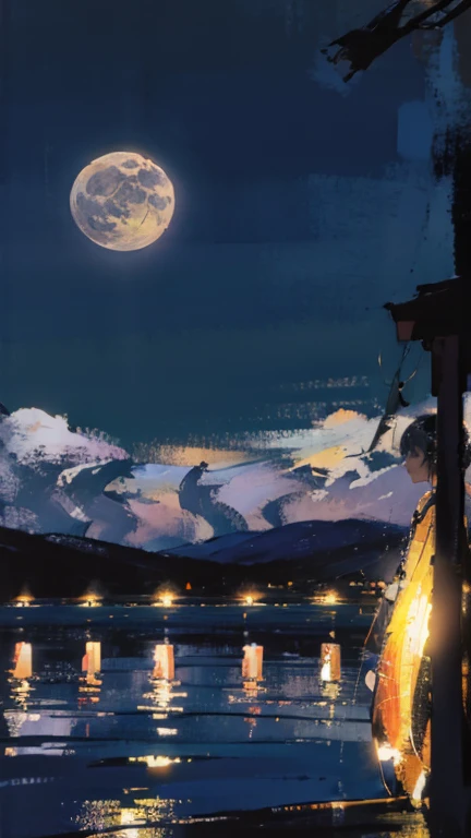 At night, Only the moonlight shines, Bright moonlight、Distorted Moon,  Distant Mountain々 , A joyous summer,  The crescent moon floating in the sky is mixed with the stars,  amazing wallpaper , Stalls are lined up 、  beautiful and beautiful , movie,  high d...