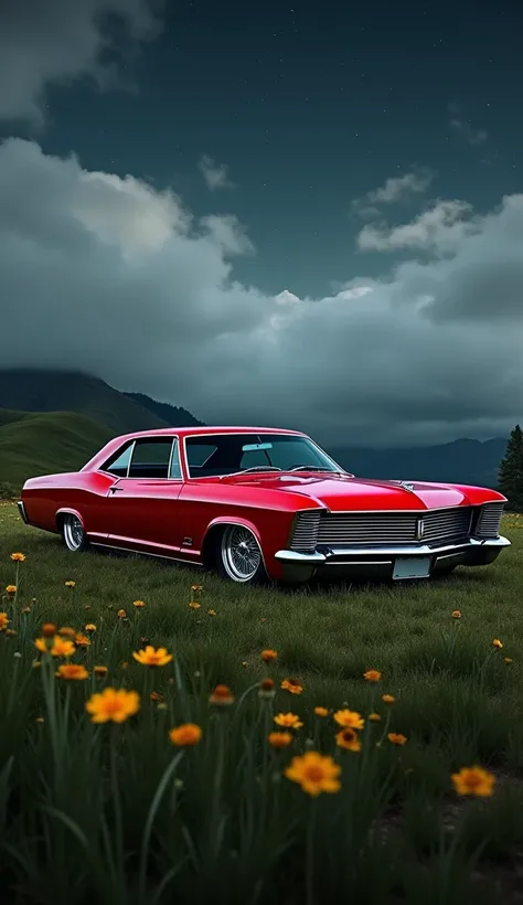 An immaculately customized 1964 Buick Riviera lowrider dominates the scene, now resplendent in a rich cherry-red finish that gleams like liquid fire under the soft light. The car’s low, commanding stance, coupled with its chrome wire-spoke wheels and razor...