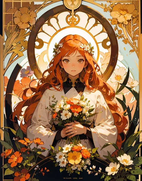 masterpiece, Art Deco, flower, long hair ,  wavy orange hair,girl,cat closeup , upper body, flower frame, decorative panel, Alphonse Mucha, color splash, flowers,cat