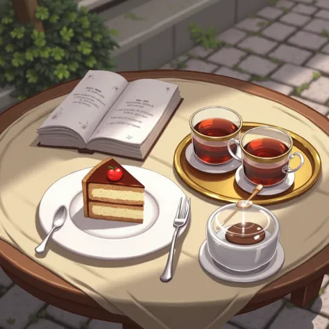 A table with a white plate holding a slice of cake and a fork, placed on a cobblestone street. Next to the plate, there is a small glass jar with a spoon in it. On the right side of the table, two cups of tea sit on a gold tray with a white napkin—one cup ...