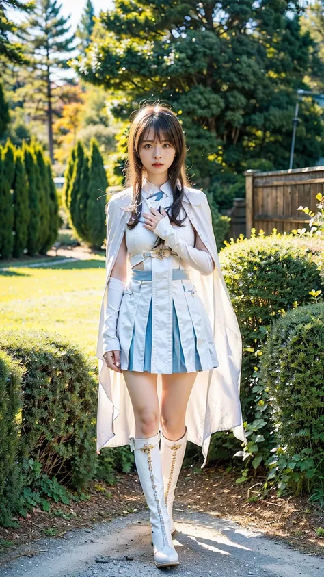 (8k、 RAW photo、 best quality、masterpiece:1.2)、(Realistic、Realistic)、 1 girl、((White and light blue、garden、Cape、 miniskirt、Thin legs、whole body、 boots、 front view、 Staring at the Camera 、 stand with your hands on your lower back ))、cute