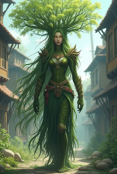 a fusion of a man and a tree, vine hair, yellow eyes, serene expression, long arms and legs, necklace of precious stones, armor of change and jewels, walking in the medieval city. anime style image.