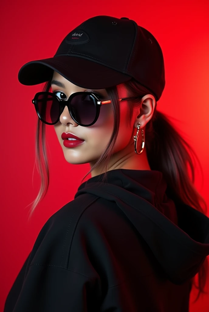 A photo of a beautiful Indonesian woman chubby looking at the camera. long black mixed pink hair in ponytail. wearing black baseball cap. wearing a black hoodie wearing dark sunglasses.with a beautiful style like an Indonesian model.divine red background a...