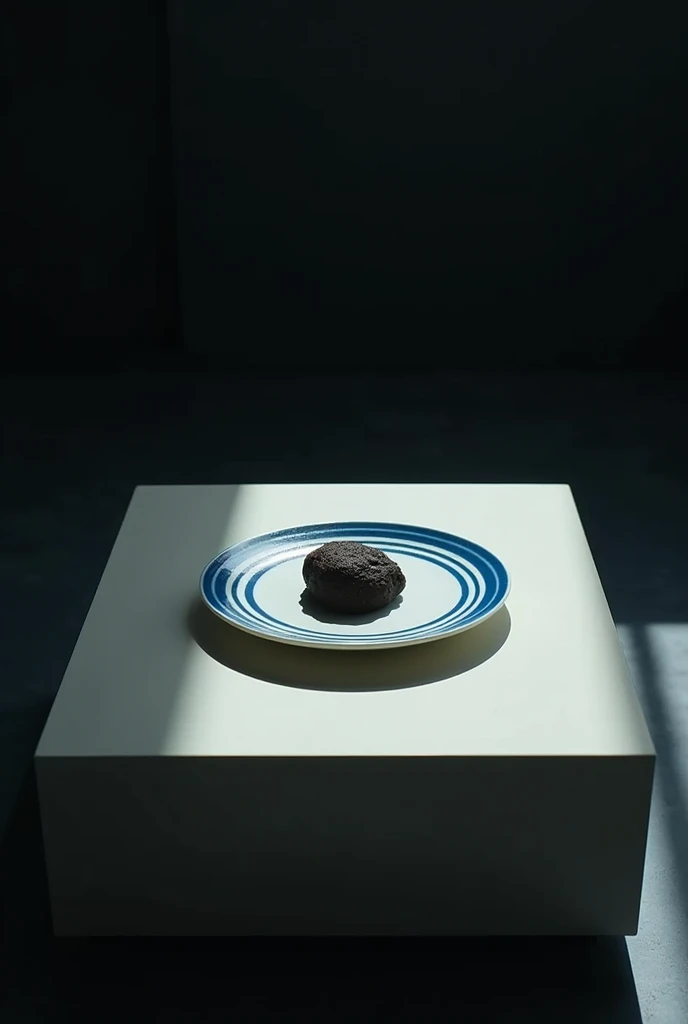 the shot is zenithal,  there is a plate with blue stripes, On a square coffee table, in the dark. with a thick  on top.