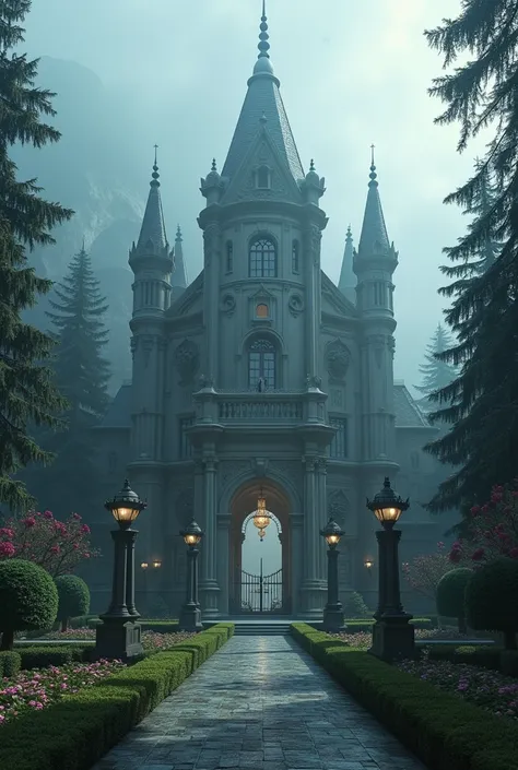  a huge vampire palace , luxurious and magnificent ,  in the courtyard there are flower gardens,  pine and fir trees ,  in front of which there is a gate and fogs