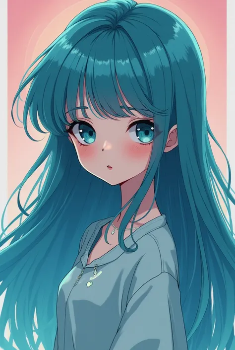 A beautiful 19s cartoon style girl with long ocean blue hair and souless eyes