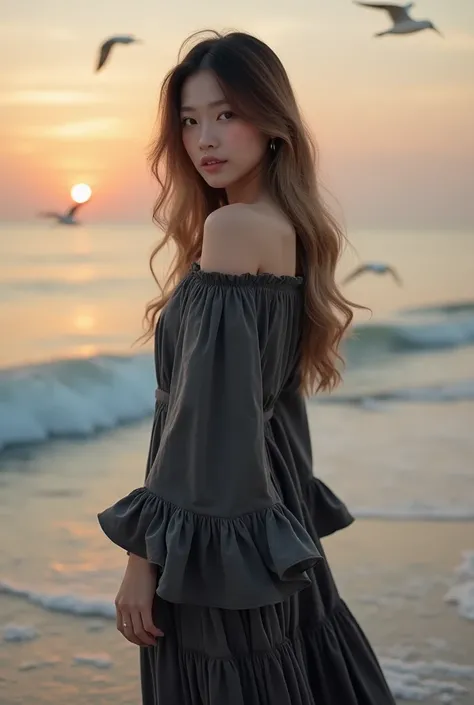 A photo of a beautiful korean woman looking at the camera standing in the sea shore She must a wear dark grey off shoulder boho dress with ruffles in sleeve, long dark blonde hair, The background is a beach with sunset,birds,clouds8K, real photo, ultra HD,...