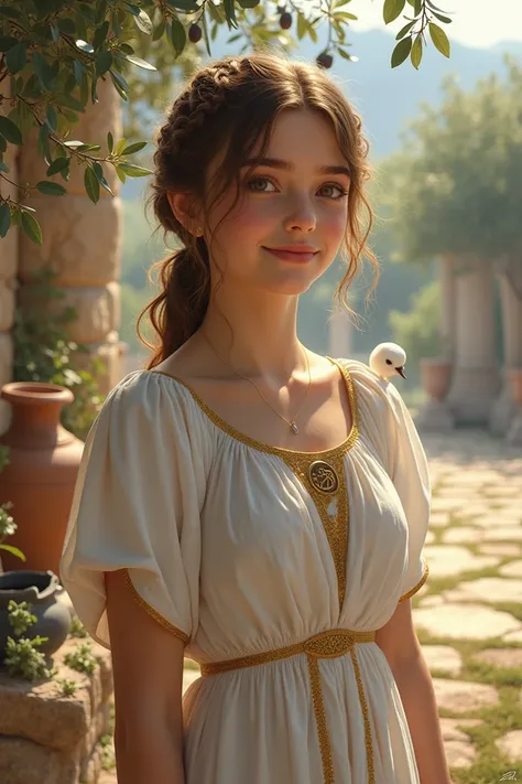 
A young and beautiful Athenian girl stands amidst a scene filled with life and colors. She wears a white linen dress with golden borders, showcasing the delicacy and craftsmanship of Greek art. Her light brown hair falls gracefully in woven braids over he...