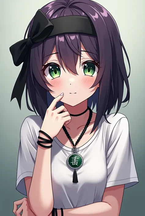 Anime boy young adult 
Dark purple hair,Green iris,Black hairband tied on the forehead, Usually wears a white t-shirt,Wears a Chinese amulet necklace.Has a black string bracelet on both hands.