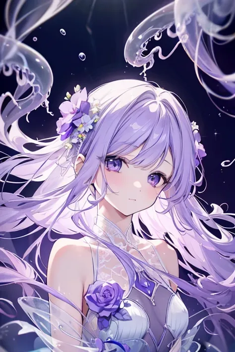 a beautiful jellyfish princess with delicate lavender tentacles, ethereal and graceful, (best quality,4k,8k,highres,masterpiece:1.2),ultra-detailed,(realistic,photorealistic,photo-realistic:1.37),intricate details, delicate translucent lavender jellyfish b...