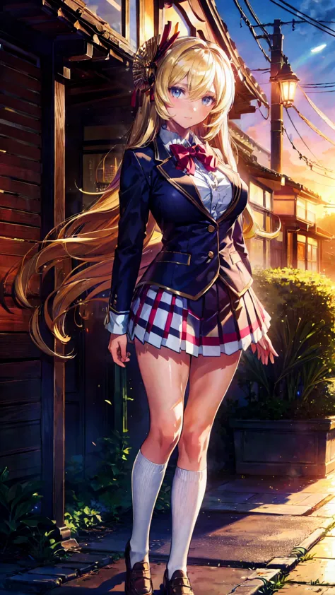 (masterpiece,  best quality,   super detailed ,  absurd)1.5,  1 girl, ( sexy,  Beautiful Women,  perfect face, Perfect Eyes,  perfect female body,  Big Breasts )1.5, (Saionji Enju ,  blazer,  colored shirt ,  bow tie,  checked skirt ,  thigh-length socks ,  Loafers, ), (whole body,  standing, Outdoor,  Japanese high school in the background), perfect lighting, smooth,  high definition 