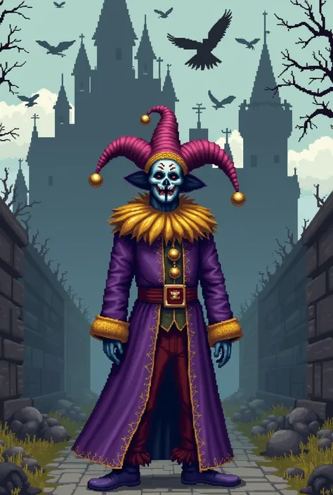 The court jester in pixel art style ,  combined with an analog horror atmosphere .  clothing please in purple yellow and in front of a castle with crows and a court jester hat

