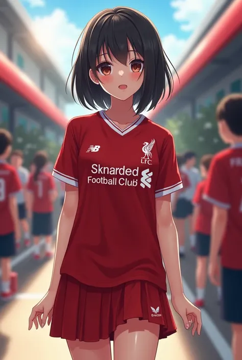 Create high resolution images of Thai student in short skirt wearing Liverpool club shirt