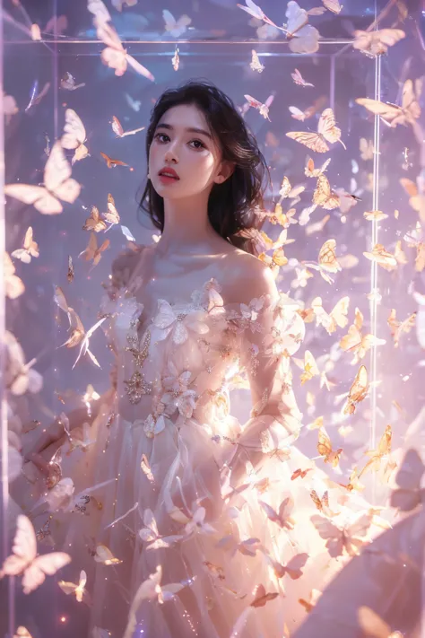 kinghere fensejiaren,1girl,butterfly,solo,dress,long hair,white butterfly,look at viewer,realistic,parted lips,white dress,lips,...