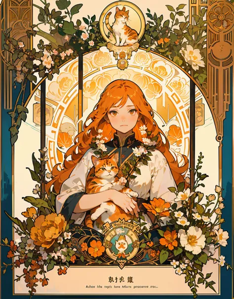 masterpiece, Art Deco, flower, long hair ,  wavy orange hair,girl,cat closeup , upper body, flower frame, decorative panel, Alphonse Mucha, color splash, flowers,hold a cat,クローズアップ