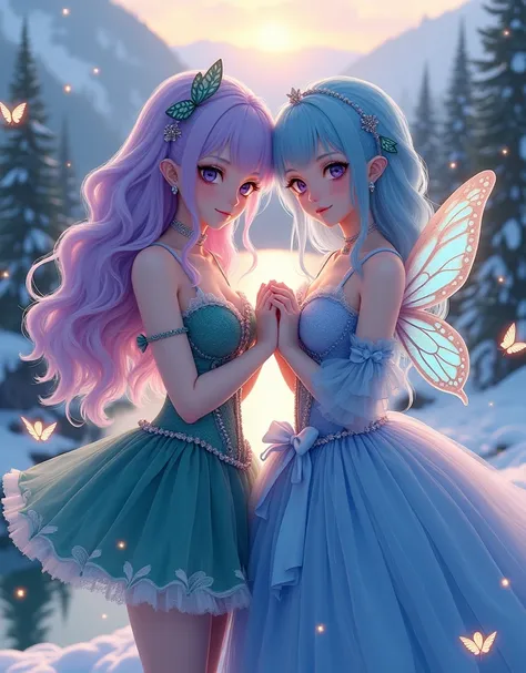  Twin teen girls, hold each other hand, one Light purple hair long curvy, one really curvy sky blue hair, big bow in dresses,big landscape,real firefly wings, snow background, Forest in background, mounain in background, long river in background, one high ...