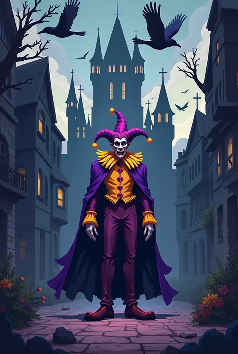 The court jester in pixel art style ,  combined with an analog horror atmosphere . Please dress in purple yellow and in front of a castle with crows and a court jesters hat

Please make the background a bit darker
And mysterious

A bit closer please

Pleas...