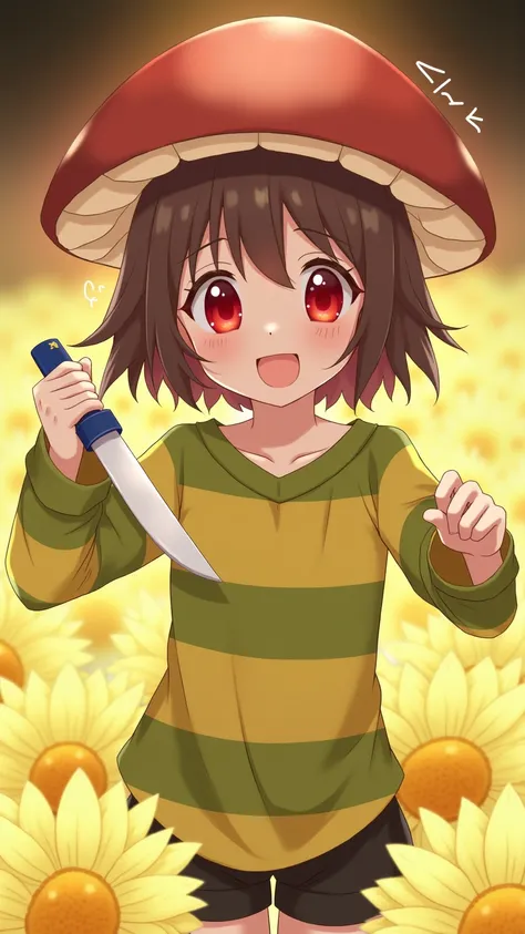 red eyes, [girl, holding a knife,  Yellow green striped shirt ， Striped thicker ,  Red eyes,  head slightly tilted ,  Brown short-haired mushroom head ,  Red eyes emit red light on her face with a clear smile , Chara , Two-dimensional,  standing in a golde...