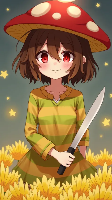 red eyes, [girl, holding a knife,  Yellow green striped shirt ， Striped thicker ,  Red eyes,  head slightly tilted ,  Brown short-haired mushroom head ,  Red eyes emit red light on her face with a clear smile , Chara , Two-dimensional,  standing in a golde...