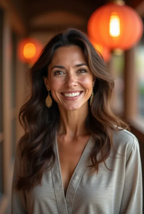 Women in their 40s
chest, Long Hair, Brown Hair,  earrings for a woman alone,  background blur , Japanese
smile,  Dutch Angle,  wide angle shot with lots of background, 