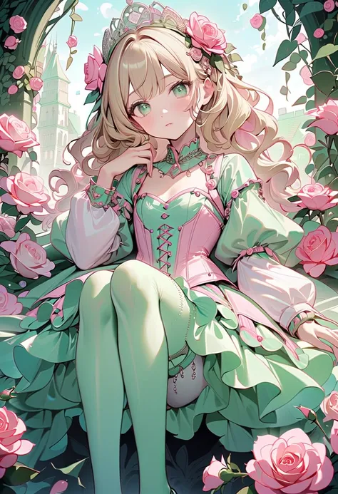 (masterpiece, best quality), A surreal and elegant girl character sitting on a large blooming rose.tween. Her outfit is an intricate mix of pastel pink and green, resembling a corset and long flowing sleeves adorned with metallic studs. She wears a white m...