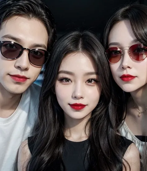 Family male and female smiles, 5 selfish people, make up beautifully, red lipsticks, black sunglasses ,