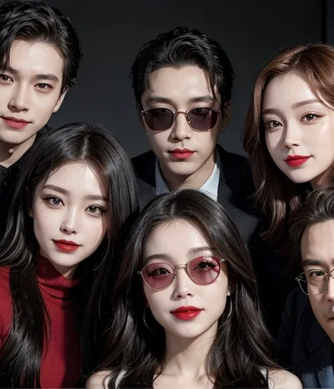 Family male and female smiles, 5 selfish people, make up beautifully, red lipsticks, black sunglasses ,