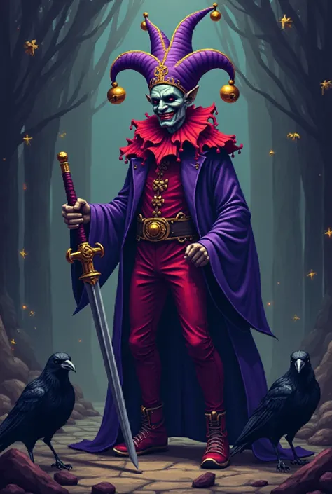 The court jester in pixel art style ,  combined with an analog horror atmosphere . Please dress in purple red with crows and a court jesters hat
Armed with a sword

Please make the background a bit darker
And more mysterious 

Please a bit closer to the co...