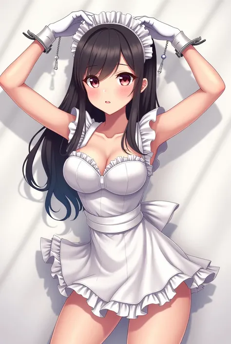 anime maid，Put on long white gloves， Wear handcuffs on both hands，Raise your hands above your head