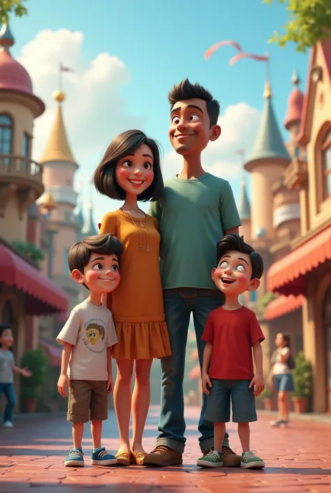 Man, thin, light brown skin, 
Woman, white skin, short and black hair
Two boys, one man, one woman
Five years old boy
Two years old baby boy
Standing,
In the Disney land