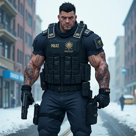 4k art image  ,  Masterpiece , , high image quality  , Realistic details ,  Great Picture Quality  , Anime, policeman , novel ,  Future City  , holding a gun ,  big man  ,   wearing bulletproof vest   ,  . Marks are carved on body armor. ,   muscles, arms ...