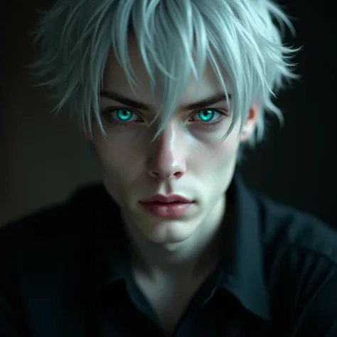 Handsome young man with silver hair and turquoise cat-like eyes, pale skin, wearing a black shirt, his features close to the screen