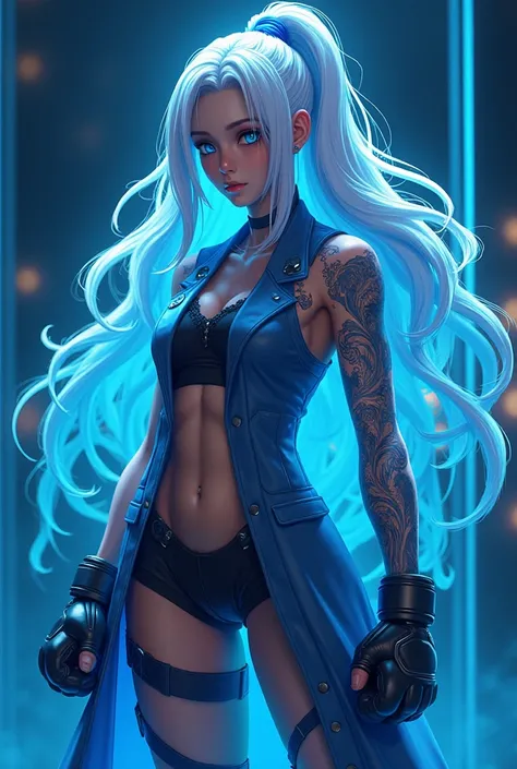  {{{masterpiece}}}, {{best quality}}, {{{4k}}}, {{{masterpiece}}}, {{best quality}},white hair, blue eyes, athlete, model, MMA gloves,hair over shoulder , blue neon eyes, android 18 lang hair ,Huge  chest ,morgan le fay , blue neon eyes, muscle female ,mus...