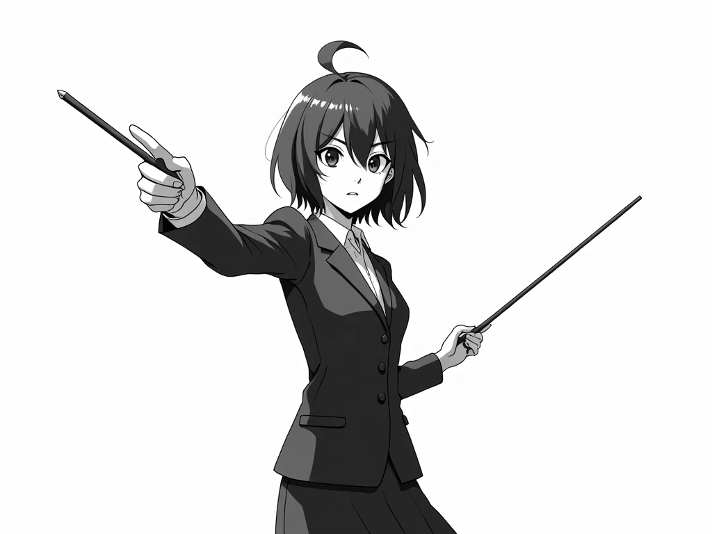 black and white graphic girl with a pointer on a white background