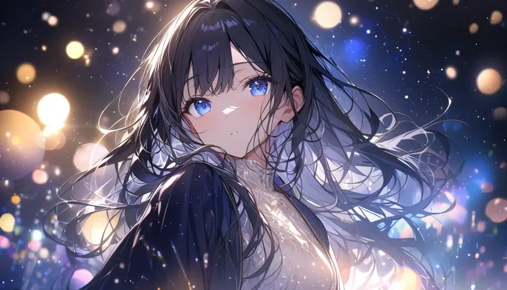  high resolution ,  top quality , masterpiece, Full HD, Bokeh, particle Bokeh,  the depth of the written border,   Beautiful Girl,  very detailed ,  a girl ,  pretty girl,  dark hair , Blue eyes, long hair , Blue Water Eyes 