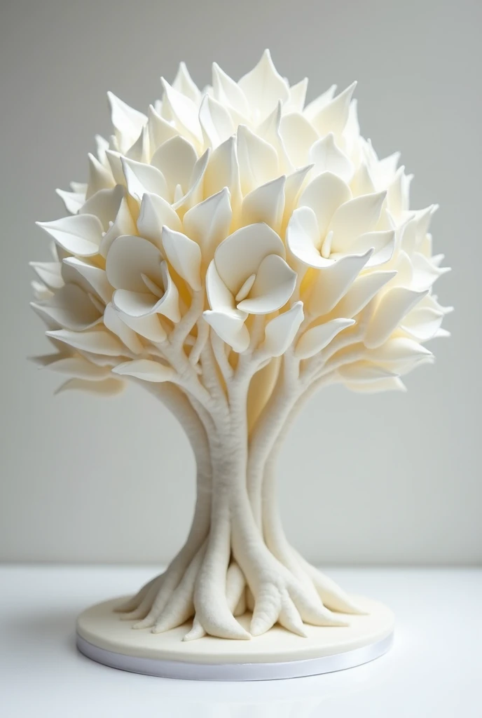 A clean tree-shaped cake with large, blunt, completely white leaves that are soft and melting