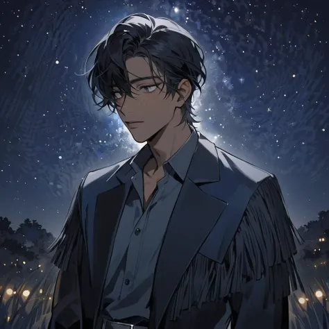 A black-skinned man , Alone, freckles on the face, White eyes shining in the dark, Mullet black hair with fringe split in half,  dark blue dress shirt with open collar, gray belt,  starry night.