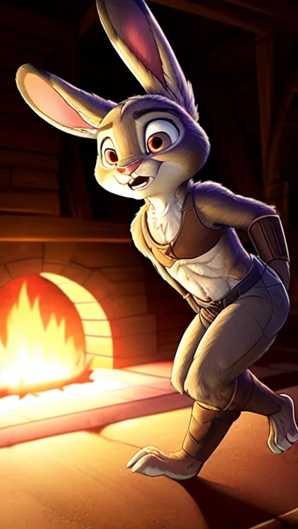 crie uma ilustração onde judy hopps foge de um predator (predator: 1,3),, a scared and fearful rabbit , sendo perseguida por um ...