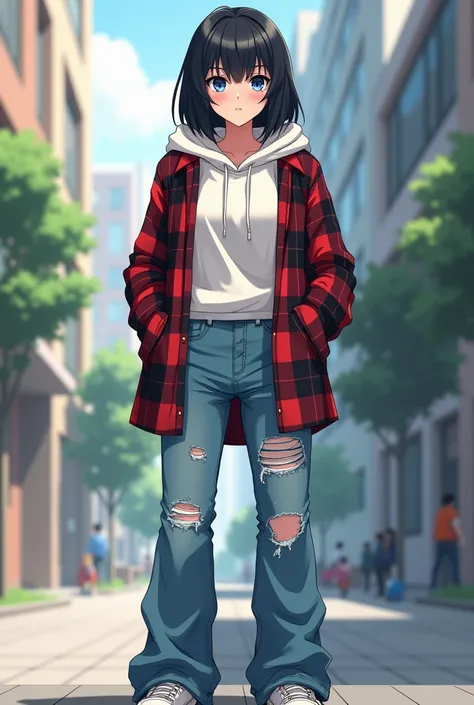 a girl is 24 years old, tall is about 187 cm has shoulder length black hair with bangs is a tomboy is wearing white hoodie combined with a red checkered flannel shirt. Wearing long jeans but ripped at the knees, wearing white sneakers have ideal body, has ...