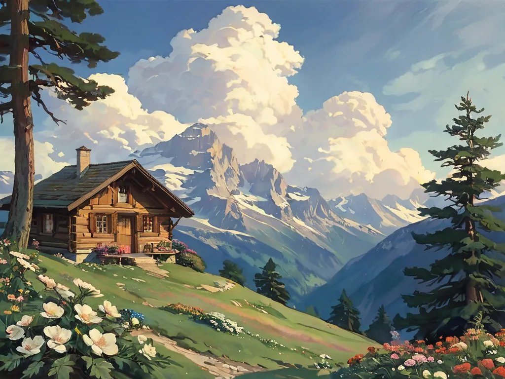 cabin, alps, pine trees, flowers, clouds,