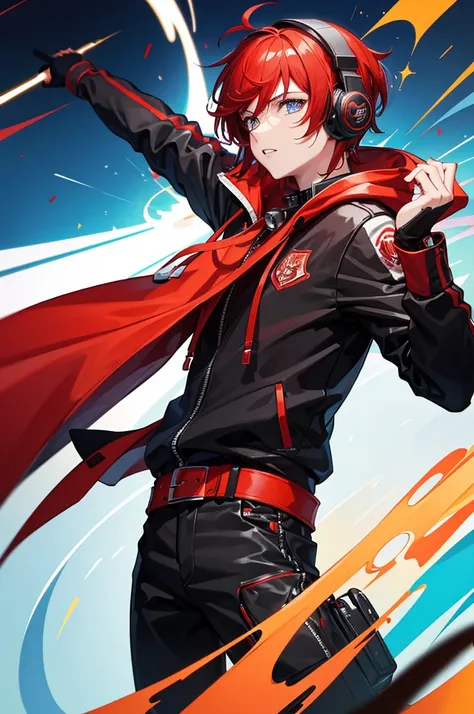 A stunning, colorful artwork featuring , leader boy with red headphones, red hair and black jacket with hood  Dj  with air note music. The masterpeace is wonderfull and The scene takes wonderfull place  .4k full HD 
