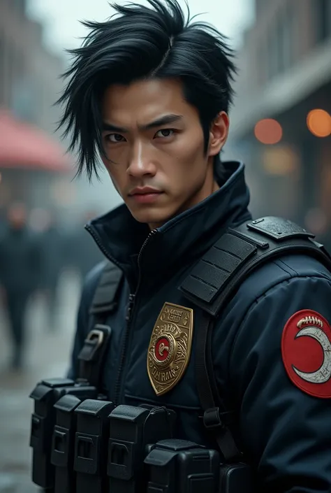 Swat police USA. Handsome. Uchiha Sasuke. Realistic asian. Cold face. Black eyes. Black hair. 